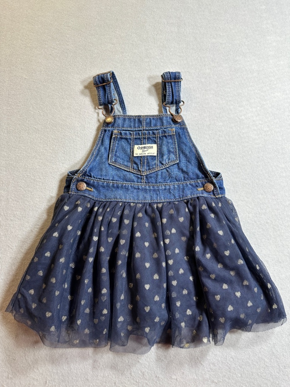OshKosh B’gosh Toddler‎ Girls 18M Overall Dress Tulle Silver Hearts Jumper